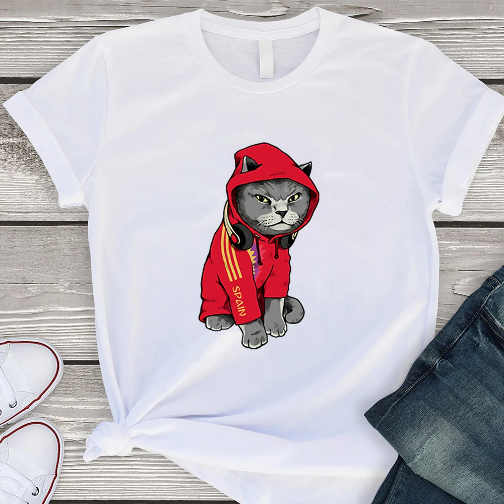 

Personality ђболка женская T-shirts Cool Cat Cosplay Printing High Quality Women's shirt Loose Round Neck Plus Size Tshirt